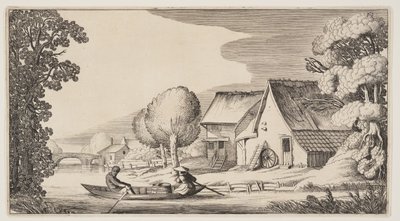 Bonde och kvinna Bonde i en radbåt, från Landskap (Playsante Lantschappen) av Claes Jansz. Visscher II