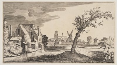 Hus vid en damm utanför en stad, från Landscapes (Playsante Lantschappen) av Claes Jansz. Visscher II