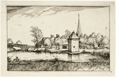 Damm och en by, plansch femton efter Bilder av gårdar, lanthus och rustika byar (Praediorum villarum et rusticarum casularum icones) av Claes Jansz. Visscher II