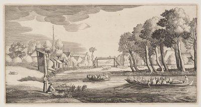 Resande i radbåtar som närmar sig en by, från Landskap (Playsante Lantschappen) av Claes Jansz. Visscher II