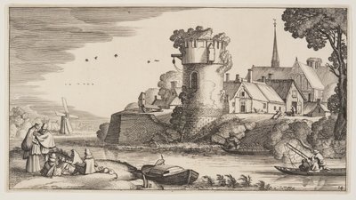 Vakttorn vid en flod, från Landskap (Playsante Lantschappen) av Claes Jansz. Visscher II