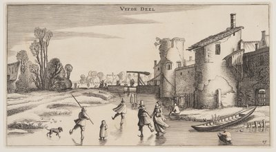 Vinterlandskap med skridskoåkare längs en stadsmur, från Landskap (Playsante Lantschappen) av Claes Jansz. Visscher II
