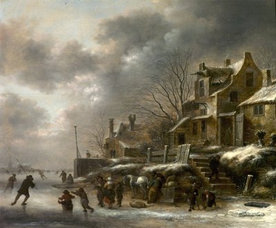 Vinterscen, flod med konståkning, 1671 av Claes Molenaer