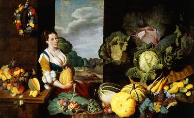 En ung kvinna vid ett frukt- och grönsaksstånd av Claes van Heussen