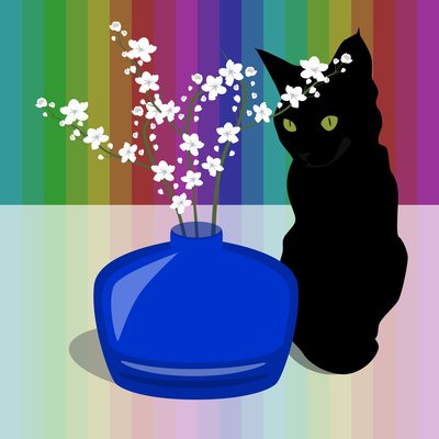 Blå glasvas med blomma och svart katt av Claire Huntley