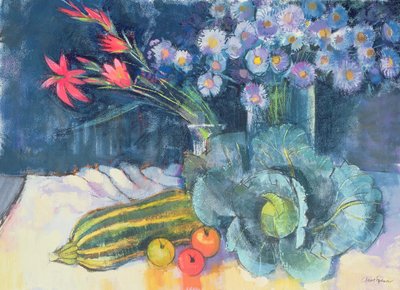 Stilleben med frukt och blommor av Claire Spencer