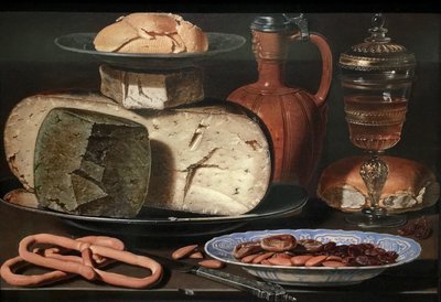 Nederländska: Stilla liv med ost, mandel och salta kringlor Stilla liv med ost, mandel och salta kringlor av Clara Peeters