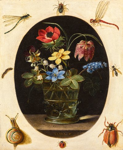 Stilleben med blommor omgivna av insekter och en snigel av Clara Peeters
