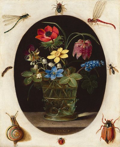 Stilleben med blommor omgivna av insekter och en snigel, ca 1610 (olja på koppar) av Clara Peeters