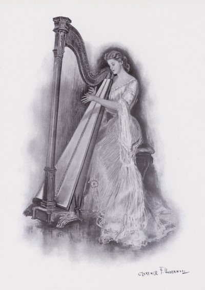 Kvinna spelar en harpa (färg litho) av Clarence F. Underwood
