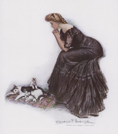 Kvinna som tittar på en katt och hennes kattungar av Clarence F. Underwood