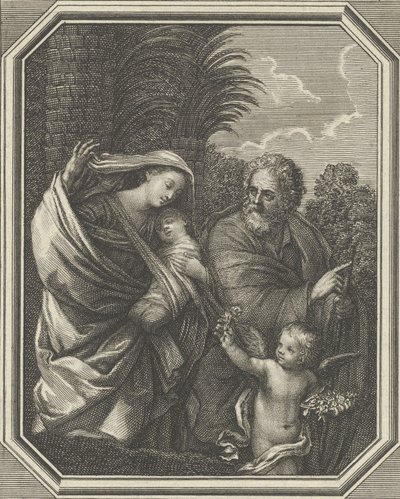 Flygningen till Egypten, den heliga familjen som vandrar med den unge Johannes Döparen, tre..., ca. 1720-86. av Claude Augustin Duflos