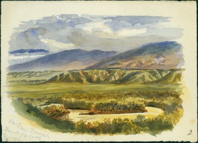 Utsikt nära Damieh, Jordan Valley, 1874 (wc och penna på papper) av Claude Conder