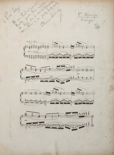 Sida från det första korrigerade beviset för "La damoiselle elue", c.1887-88 av Claude Debussy