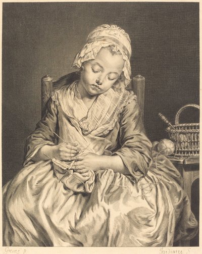 Den sovande stickaren av Claude Donat Jardinier after Jean Baptiste Greuze