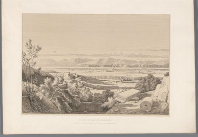 Landschap met zicht op ruiner av Korinth Slätten och Korintviken (titel på objektet) Utsikt över de mest kända platserna i det antika Grekland (...) (serietitel) av Claude Félix Théodore Caruelle d