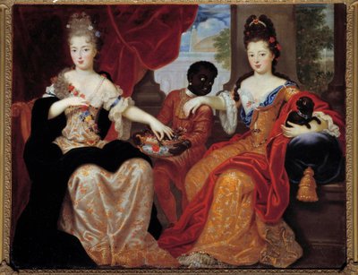 Porträtt av Mademoiselle de Blois och Mademoiselle de Nantes serveras av deras svarta tjänare”””. Mademoiselle de Blois (1677-1749), framtida fru till Louis de Bourbon, Mademoiselle de Nantes (1673-1743), blivande hertiginna av Orleans. Målning av Claude F av Claude Francois Vignon