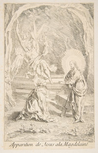 Kristus visar sig för Maria Magdalena.a.n.d. Skapare: Claude Gillot, Jacques Gabriel Huquier. av Claude Gillot, Jacques Gabriel Huquier