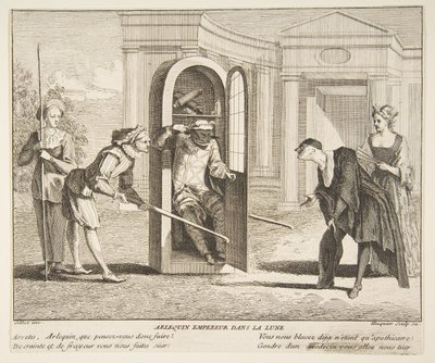 Harlequin, kejsare på månen.n.d. Skapare: Claude Gillot, Jacques Gabriel Huquier. av Claude Gillot, Jacques Gabriel Huquier