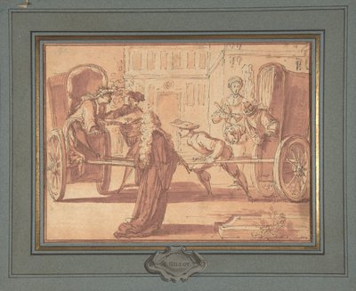 Die Szene der zwei Kutschen av Claude Gillot