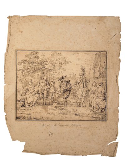 Les quatre âges de la vie: Sju figurer i en trädgård, en gräver med en spade (penna och brunt bläck) av Claude Gillot
