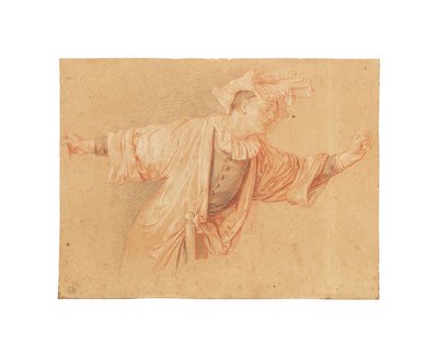 Studera för Scaramouche, hans armar utsträckta, ca. 1707 (röd, svart och vit krita, på ljusgrått papper) av Claude Gillot
