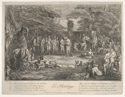 Äktenskapet Le Mariage: i en skog gifter sig en gammal satyr med den trolovade i cen..., ca. 1700-1720. av Claude Gillot