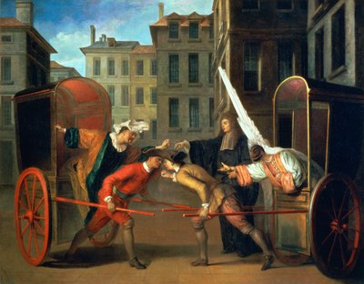 The Two Coaches, en scen tillagd till komedin "The Fair at Saint-Germain" av Jean-Francois Regnard (1655-1709) n Charles-Riviere Dufresne (1648-1724) c.1695 (olja på duk) av Claude Gillot