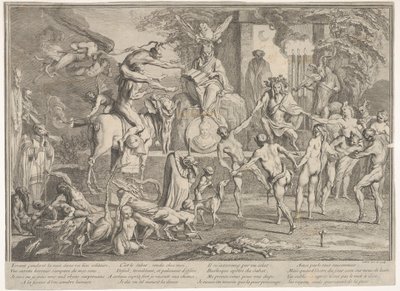 Witches Sabbath, i ett nattligt landskap, en necromancer sittande högst upp i mitten..., ca. 1700-1720. av Claude Gillot