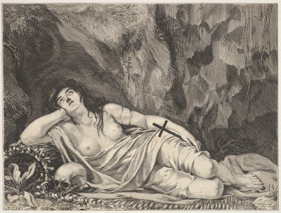 S:ta Maria Magdalena liggande i en grotta. av Claude Goyrand