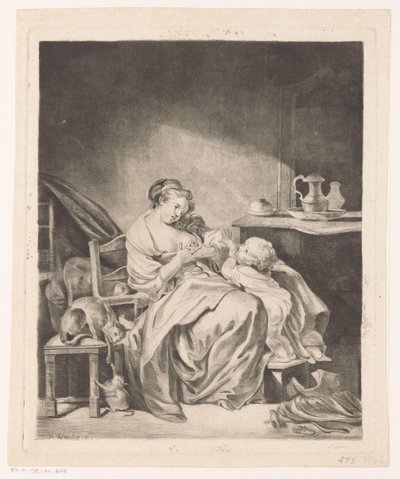 Interiör med en sittande kvinna som matar sitt barn av Claude Henri Watelet