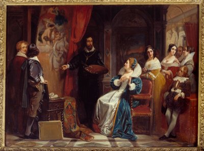 Drottning av Frankrike Marie de Medicis (1573-1642) på besök i verkstaden för målaren Pierre Paul (Pierre-Paul) Rubens (eller Peter Paul eller Petrus Paulus) (1577-1640). Målning av Claudius Jacquand (1804-1878) av Claude Jacquand