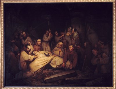 Greven av Comminges. Sista scenen av minnesmärkena av greven av Comminges som representerar greven av Comminges som erkänner Adelaide efter hans död. Målning efter romanen av Francois de Baculard d