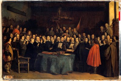 Freden i Westfalen, eden efter ratificeringen av freden mellan spanjorerna och Needlanders, i Munsters stadshus den 15/05/1648. De avslutade det trettioåriga kriget. Målning av Claudius Jacquand av Claude Jacquand