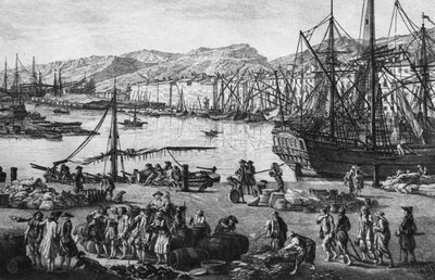 Gamla hamnen i Toulon, sett från kvartermästarens butiker, serie "Les Ports de France", graverad av Charles Nicolas Cochin den yngre (1715-90) och Jacques Philippe Le Bas (1707-83) 1762 (detalj på vänster sida) ( se även 382970, 382972) (etsning) av Claude Joseph (after) Vernet