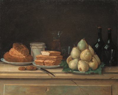 Päron och bröd på tallrikar, med flaskor vin och glas på en stenkant (olja på duk) av Claude Joseph Fraichot
