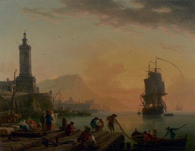 Medelhavshamn. Lugn vind, vindstilla på kvällen. av Claude Joseph Vernet
