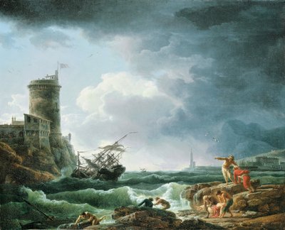 En storm med skeppsbrott vid en fästning, en kastaway i förgrunden, 1769 av Claude Joseph Vernet