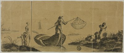 Chinoiserie med man som fiskar från båt, kvinna och barn som står på stranden av Claude Joseph Vernet