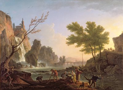 Fiskare i ett landskap med en kaskad och en bro av Claude Joseph Vernet