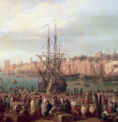 Morgonvy över Marseilles inre hamn och paviljongen Horloge du Parc, 1754 (detalj av 156103) av Claude Joseph Vernet