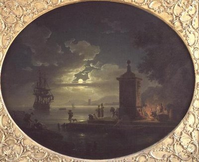 Natt: Ett månbelyst kustlandskap med fiskare vid en eld på en kaj, en krigsman bortom av Claude Joseph Vernet