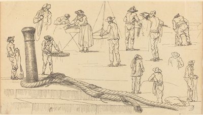 Kajfigurer och en längd av rep fäst vid en pollare av Claude Joseph Vernet