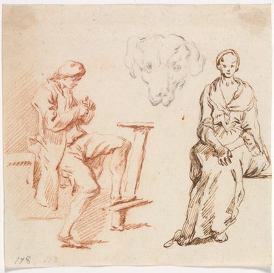 Studieblad: Sittande man, hundhuvud, sittande kvinna av Claude Joseph Vernet