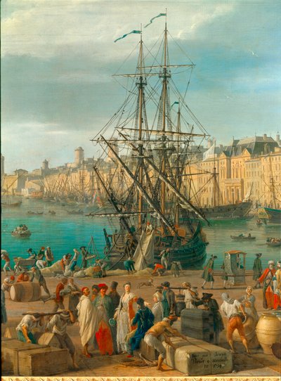 Hamnen i Marseille på 1700-talet Detalj som representerar lossningen av varor. Målning av Joseph Vernet (1714-1789) 1700-talets Paris. Marinmuseum av Claude Joseph Vernet