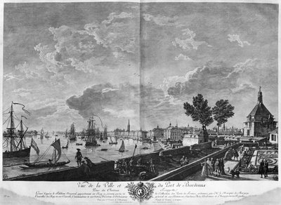 Utsikt över staden och hamnen i Bordeaux sett från Chateau Trompette, serie "Les Ports de France", graverad av Charles Nicolas Cochin den yngre av Claude Joseph Vernet