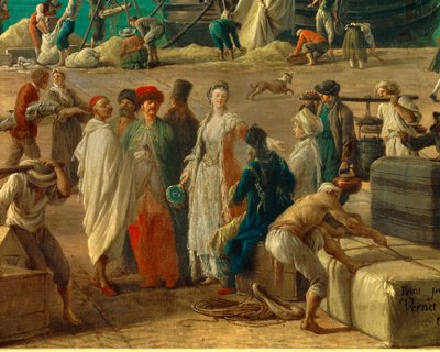 detalj av: Marseilles hamn på 1700-talet”” Detalj som representerar lossningen av varor. Målning av Joseph Vernet (1714-1789) 1700-talets Paris. Marinmuseum av Claude Joseph Vernet