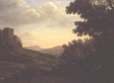 Vidsträckt skogslandskap med ruinerat tempel (olja på duk) av Claude Lorrain