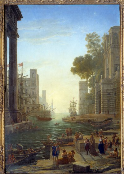 Landskap med båten av Saint Paula Romana vid Ostia. Saint Paula lämnar sina barn för att resa till det heliga landet. Canvas, 211 x 145 cm - Boarding från Sainte Paule till Ostia. St Paule (347-404 eller 407), romersk änka, lärjunge till Sankt Hieronymus.  av Claude Lorrain