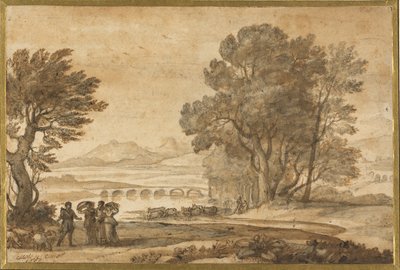 Ett trädbevuxet flodlandskap med Jakob, Laban och hans döttrar av Claude Lorrain